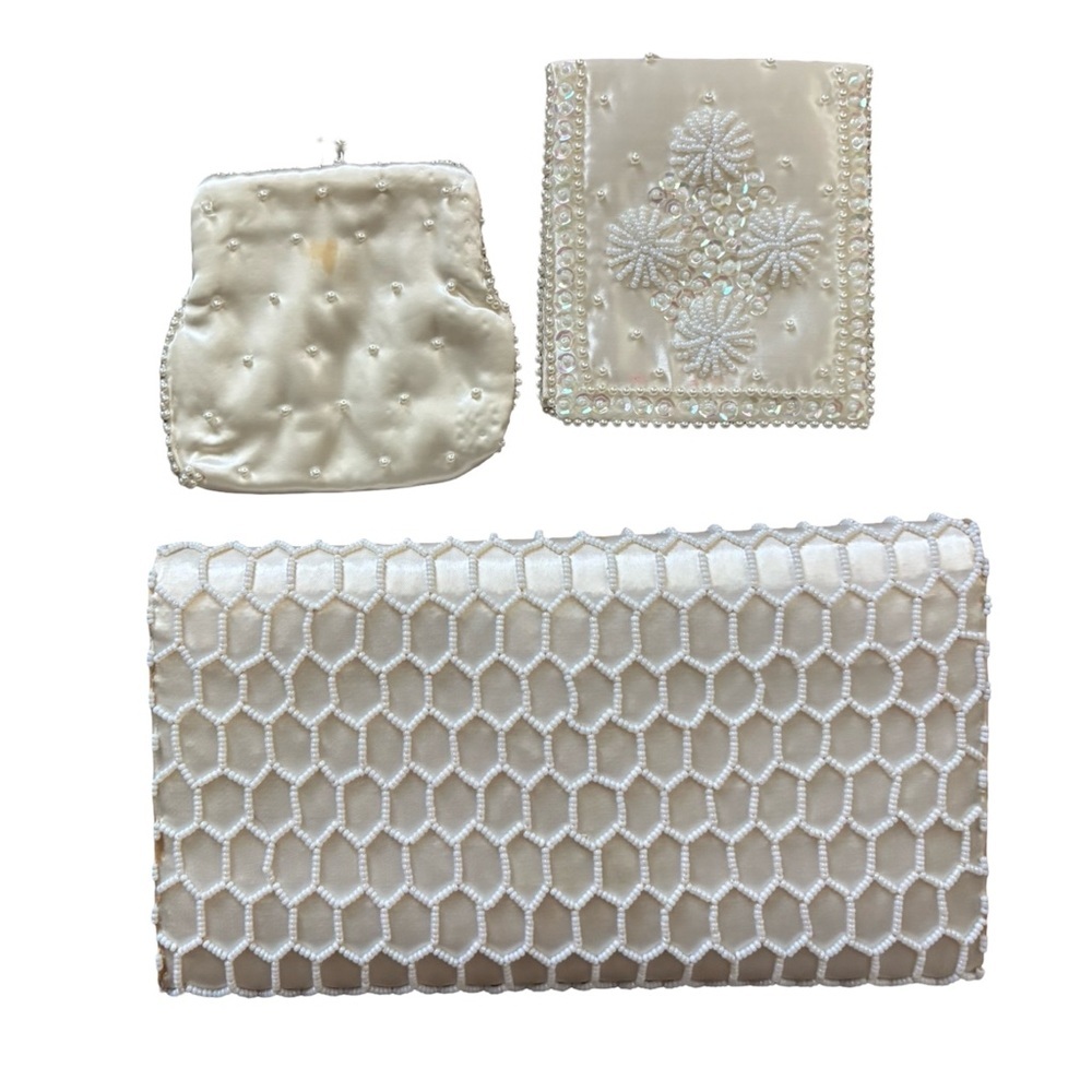 Vintage 60s beaded silk clutch set - white - 1960s - Picture 4 of 11